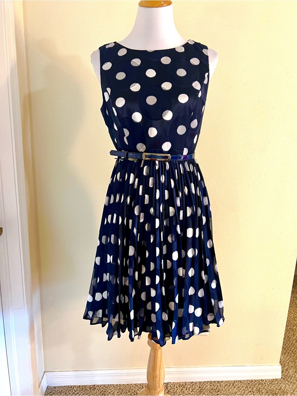 Eliza J Navy and White Polka Dot Midi Dress with Belt